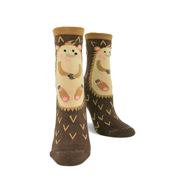 hedgehog non-skid slipper socks for women featuring a brown and pink hedgehog design and non-skid sole.   }}