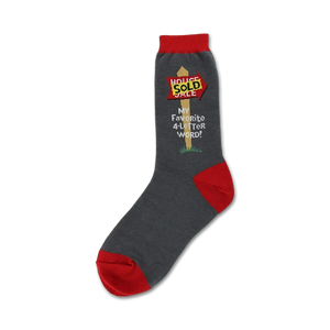 Crew socks in dark grey with red cuffs.  Design features a 'House Sold' sign and the text 'My Favorite 4-Letter Word!'