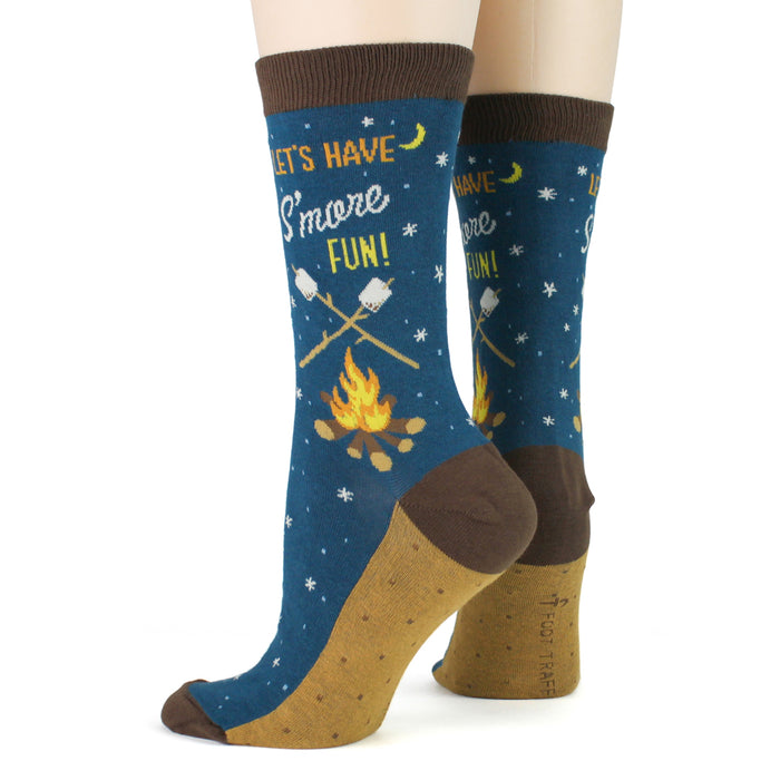 Close-up on a model wearing the 'Let's Have S'more Fun!' socks.