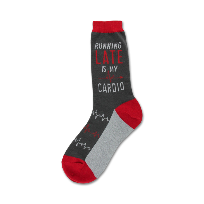Crew socks in gray and red. The sock features the text 'Running Late Is My Cardio' and a red heartbeat graphic. }}