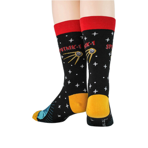 Pair of Sputnik socks on a model's feet, showcasing the back design and red cuff.