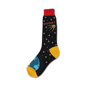 Black crew socks with a red cuff, featuring a Sputnik satellite, stars, and a teal Earth graphic on a yellow heel.