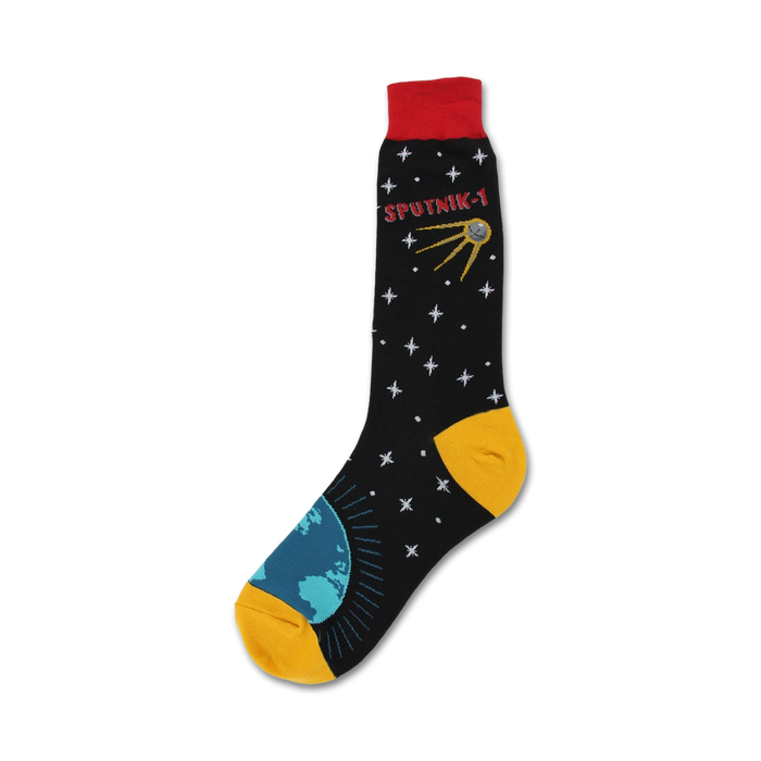 Black crew socks with a red cuff, featuring a Sputnik satellite, stars, and a teal Earth graphic on a yellow heel.