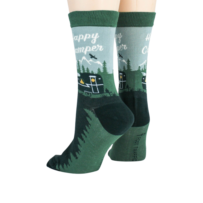 Close-up of Happy Camper socks, showcasing the design detail and heel.