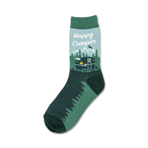 Happy Camper crew socks in teal and dark green. Features a vintage camper van illustration, mountains, and trees.