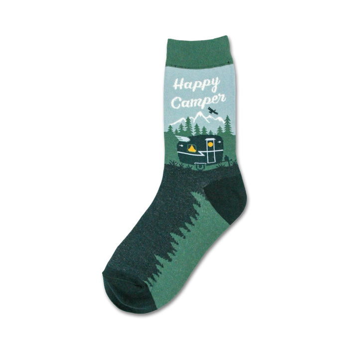 happy camper women's crew socks with graphic of campervan and mountains.  