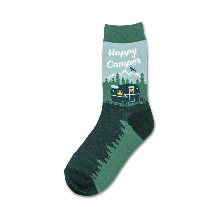 Happy Camper crew socks in teal and dark green. Features a vintage camper van illustration, mountains, and trees.