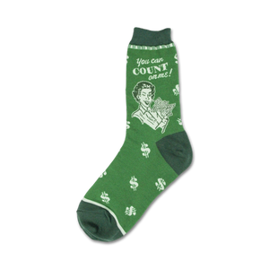 Green crew socks with a retro illustration of a woman holding money and the text 'You can count on me!'  Dollar signs are scattered across the sock.