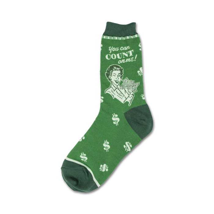 womens crew length green socks with dollar bill pattern and image of an accountant with money and text that says 