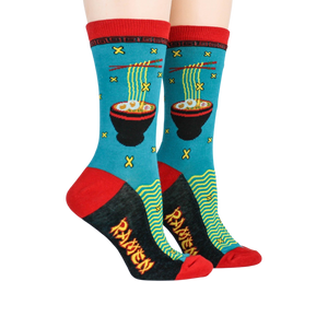 Lifestyle shot showing the socks on a person's feet. The ramen design is clearly visible.