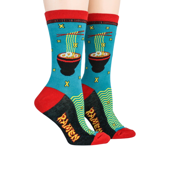 Lifestyle shot showing the socks on a person's feet. The ramen design is clearly visible.