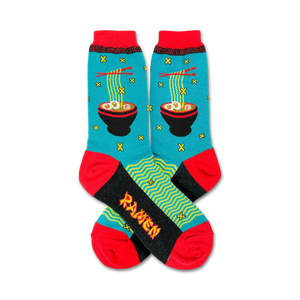 Pair of crew socks in teal, red, and black, featuring a pixelated ramen bowl design.  The words 'Ramen' are displayed on the bottom.