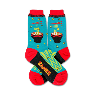 Pair of crew socks in teal, red, and black, featuring a pixelated ramen bowl design. The words 'Ramen' are displayed on the bottom.