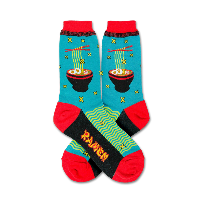Pair of crew socks in teal, red, and black, featuring a pixelated ramen bowl design.  The words 'Ramen' are displayed on the bottom.
