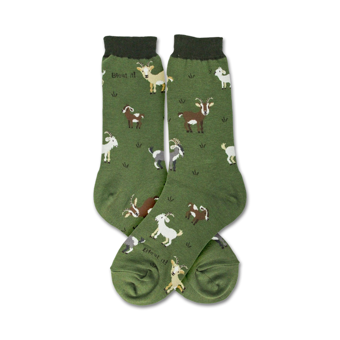Pair of olive green crew socks with repeating illustrations of goats in various colors and poses. The words 'Bleat it!' are printed on the socks. }}