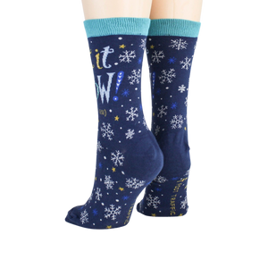 Close-up showcasing the back of the 'Let It Snow' socks, highlighting the design details.