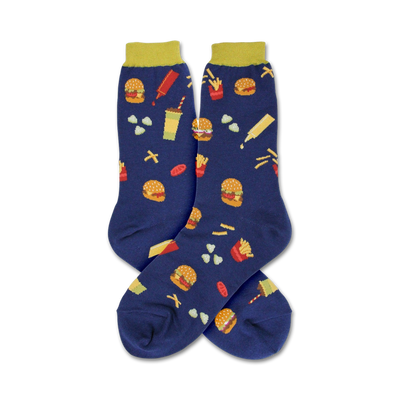 Pair of navy blue crew socks with a fun pattern of burgers, fries, and other fast food icons. Yellow tops.