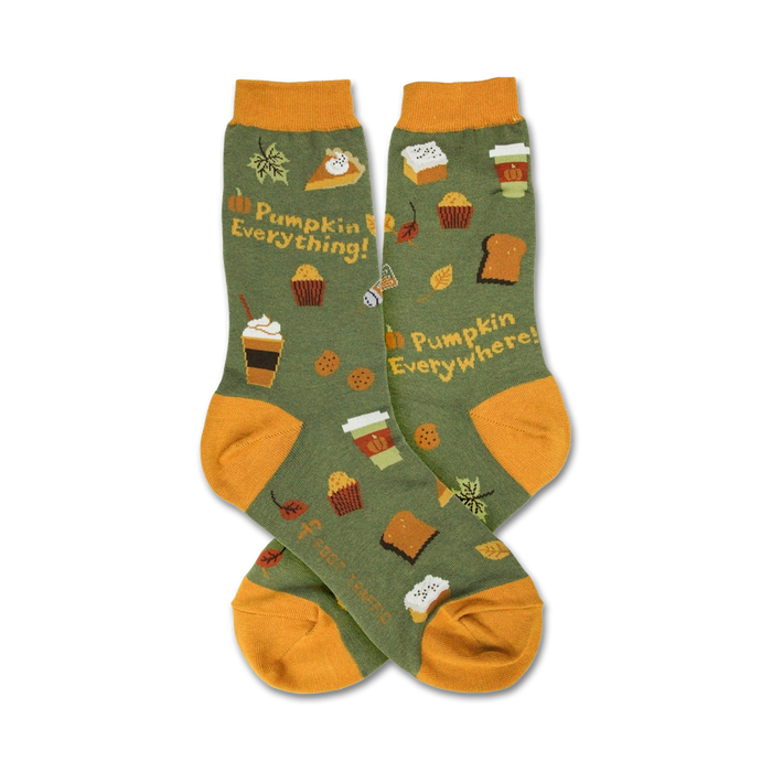 Crew socks in olive green and orange with a fall-themed design.  Features images of pumpkin pie, lattes, muffins, and the text 'Pumpkin Everything!' }}