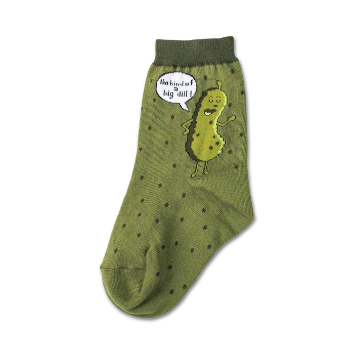 kids' crew socks with a green background, dark green polka dots, a cartoon pickle wearing a yarmulke, and the phrase 