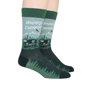 Lifestyle shot of two Happy Camper socks on a person's feet.