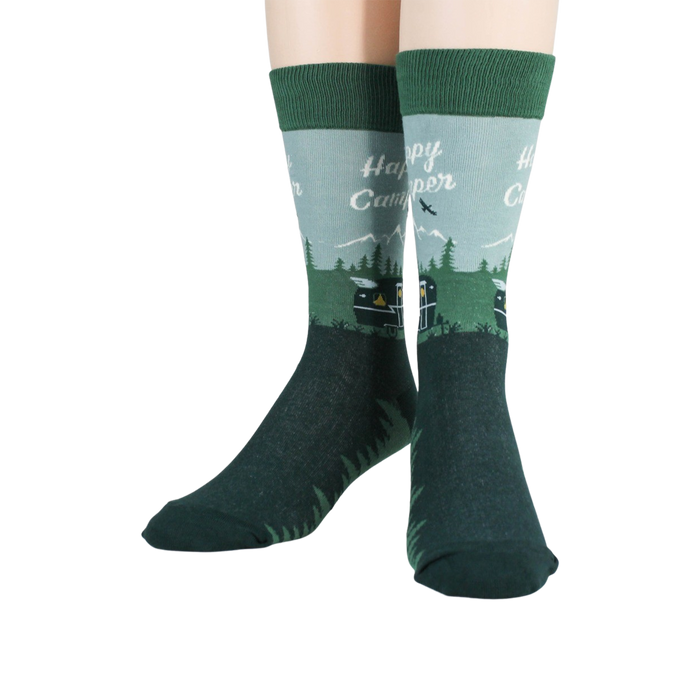 Flatlay image showing two Happy Camper socks laid flat.