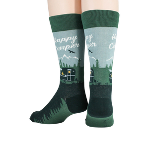 Close-up detail shot of the Happy Camper socks, highlighting the design.