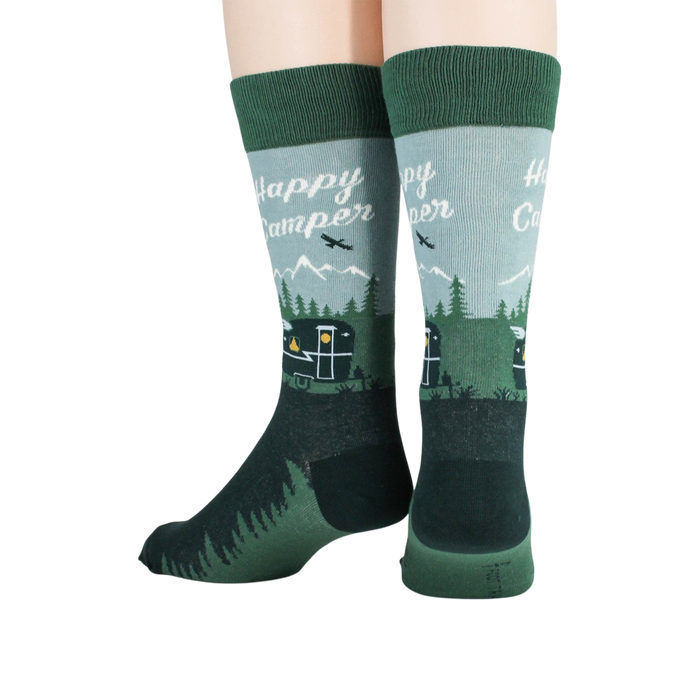 Close-up detail shot of the Happy Camper socks, highlighting the design.
