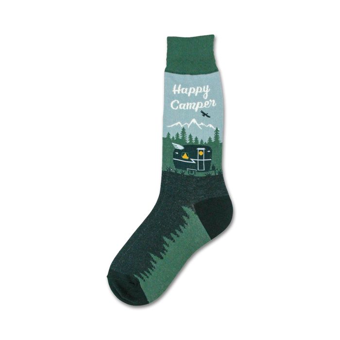 Crew socks in green and teal. Design features a vintage camper van, mountains, trees, and the words 'Happy Camper'.