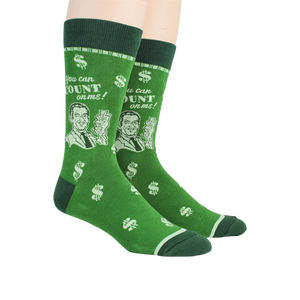 Lifestyle shot of a person wearing a pair of green 'Accountant' socks.