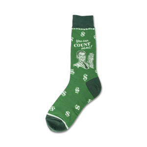 Green crew socks with a retro image of a man holding money and the text 'You can count on me!'  Dollar signs are printed all over.