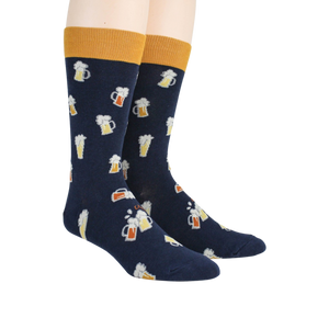 Pair of navy blue Beer Stein socks on a model's legs, showcasing the full design.