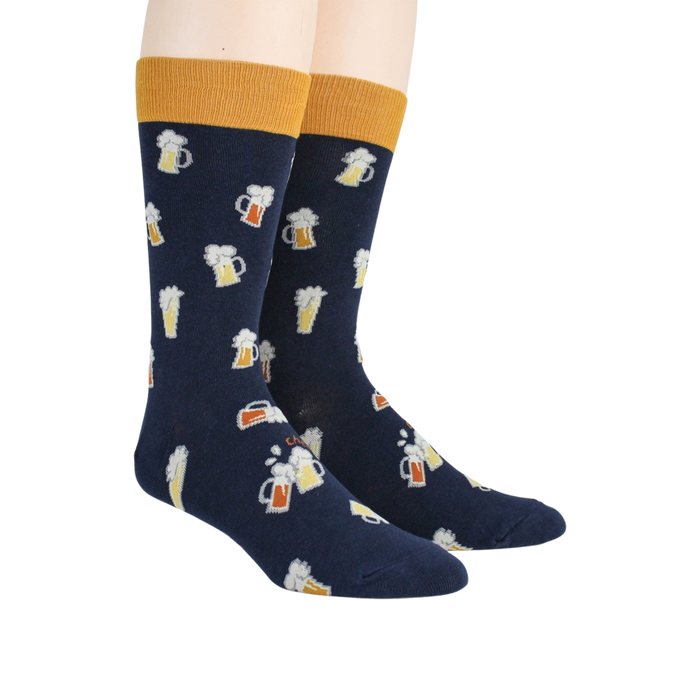 Pair of navy blue Beer Stein socks on a model's legs, showcasing the full design.