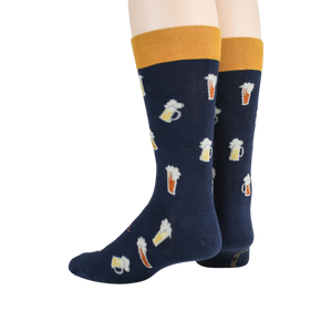 Back view of a pair of navy blue Beer Stein socks showing the design on the heel and cuff.