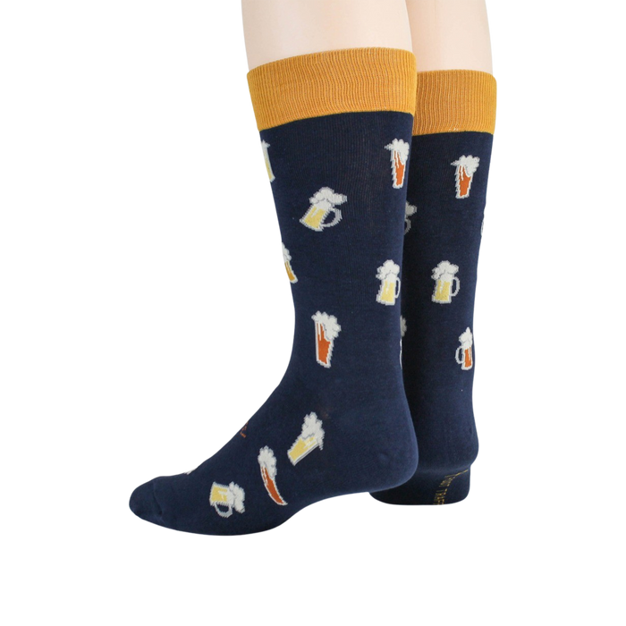 Back view of a pair of navy blue Beer Stein socks showing the design on the heel and cuff.