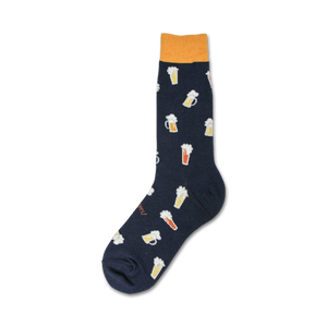Close-up of a navy blue crew sock with a pattern of colorful beer steins. The sock cuff is mustard yellow.