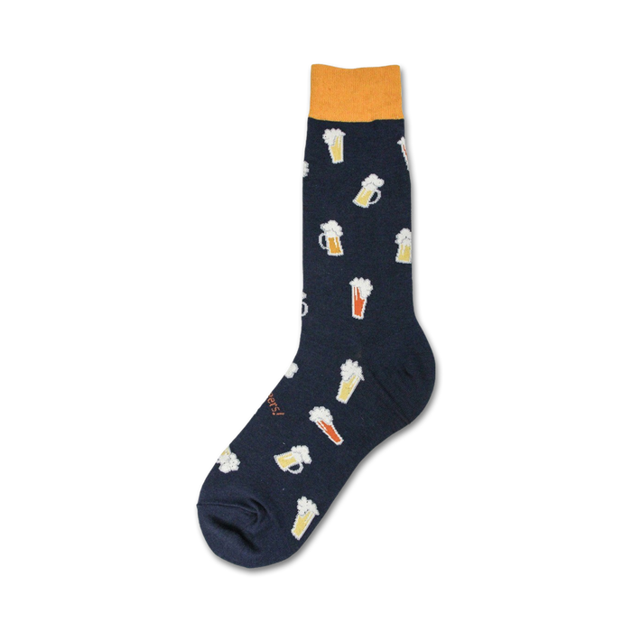 Close-up of a navy blue crew sock with a pattern of colorful beer steins. The sock cuff is mustard yellow.