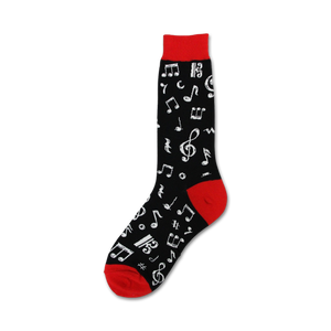 Close-up of a single Dancing Notes sock, showcasing the musical note design and red cuff.