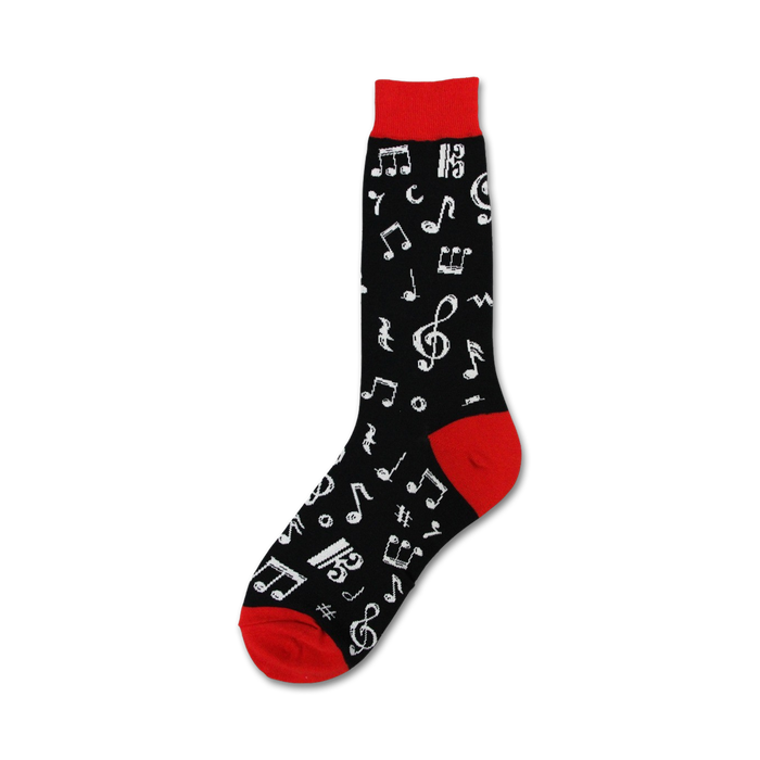 Close-up of a single Dancing Notes sock, showcasing the musical note design and red cuff.