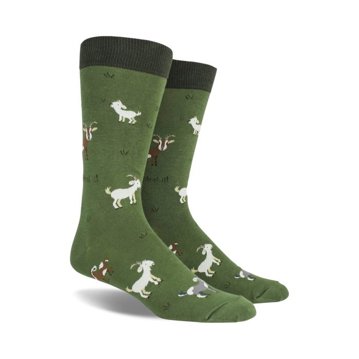 Pair of crew socks in olive green with playful illustrations of goats in various poses and colors, and the phrase 'Bleat it!' repeated throughout.