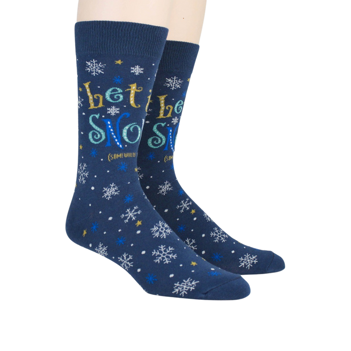 A pair of blue socks with a pattern of snowflakes.