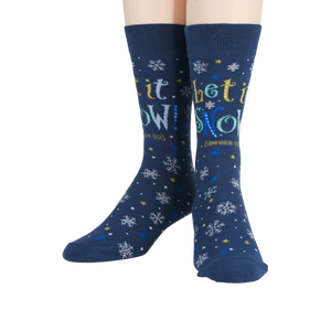 Flat lay showcasing the full design of the 'Let It Snow' socks.