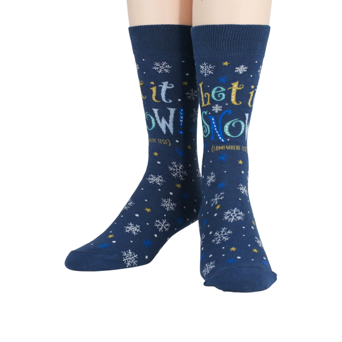 Flat lay showcasing the full design of the 'Let It Snow' socks.