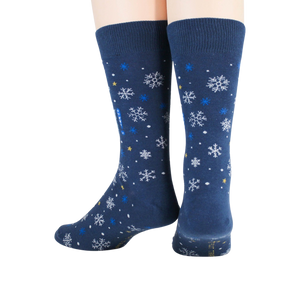 Close-up detail shot highlighting the snowflake and text design on the socks.