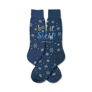 Pair of navy blue crew socks with a snowflake and 'Let It Snow' design in blue, white, and gold text.