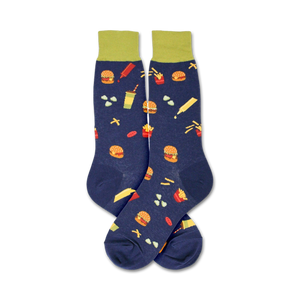 Flatlay image showing a pair of navy blue 'Burger' socks with lime green cuffs.