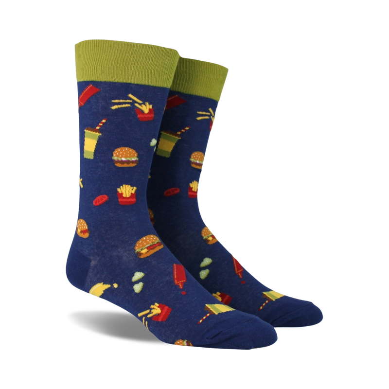 Pair of navy blue crew socks with a fun burger, fries, and soda print. Features a lime green cuff.