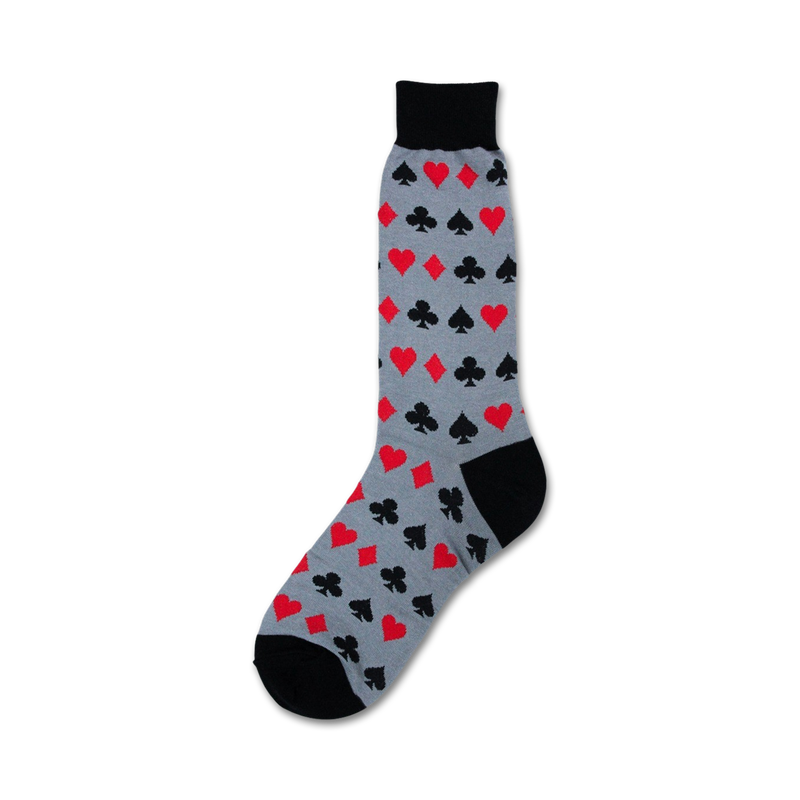Grey crew socks with a repeating pattern of red hearts, black clubs, spades, and diamonds. Black toe and cuff.