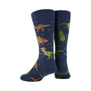 Back view of navy blue crew socks with a Christmas dinosaur pattern.