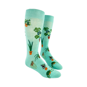 A pair of mint green knee-high socks with a pattern of potted plants.