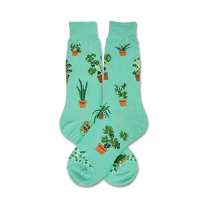 Pair of teal crew socks with illustrated potted plants. Fun, quirky design for plant lovers.